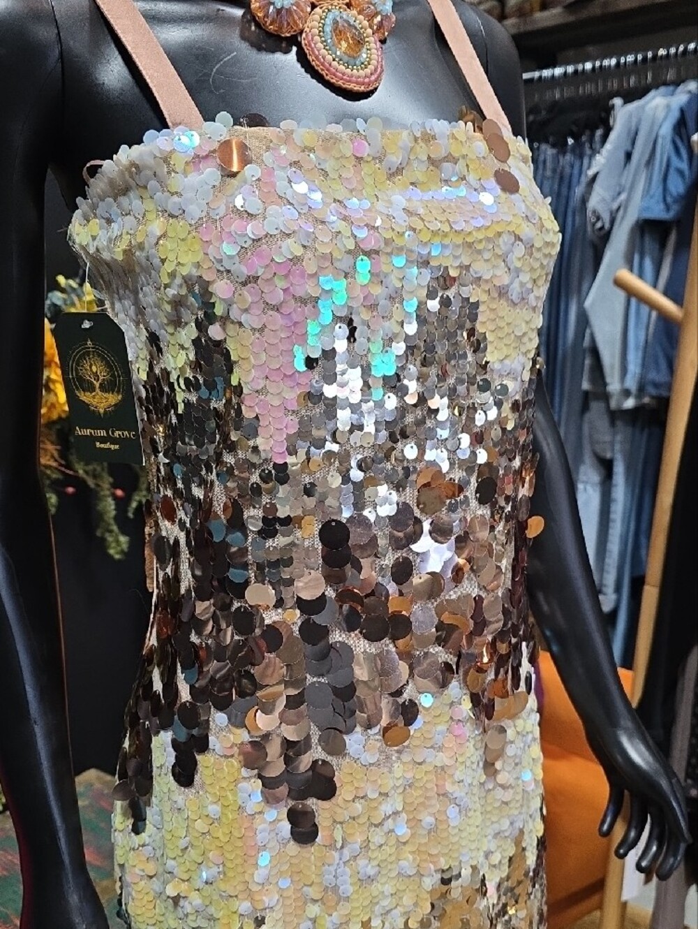 Luxxel Iridescent Sequin Mini Dress - Champagne, Rose, Gold - Picture 6 of 13